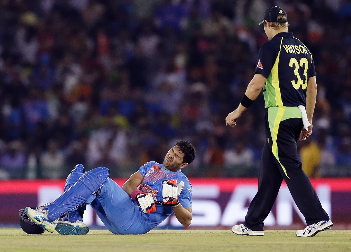 Yuvraj Singh after battling his injury during the match against Australia (Picture: AP)