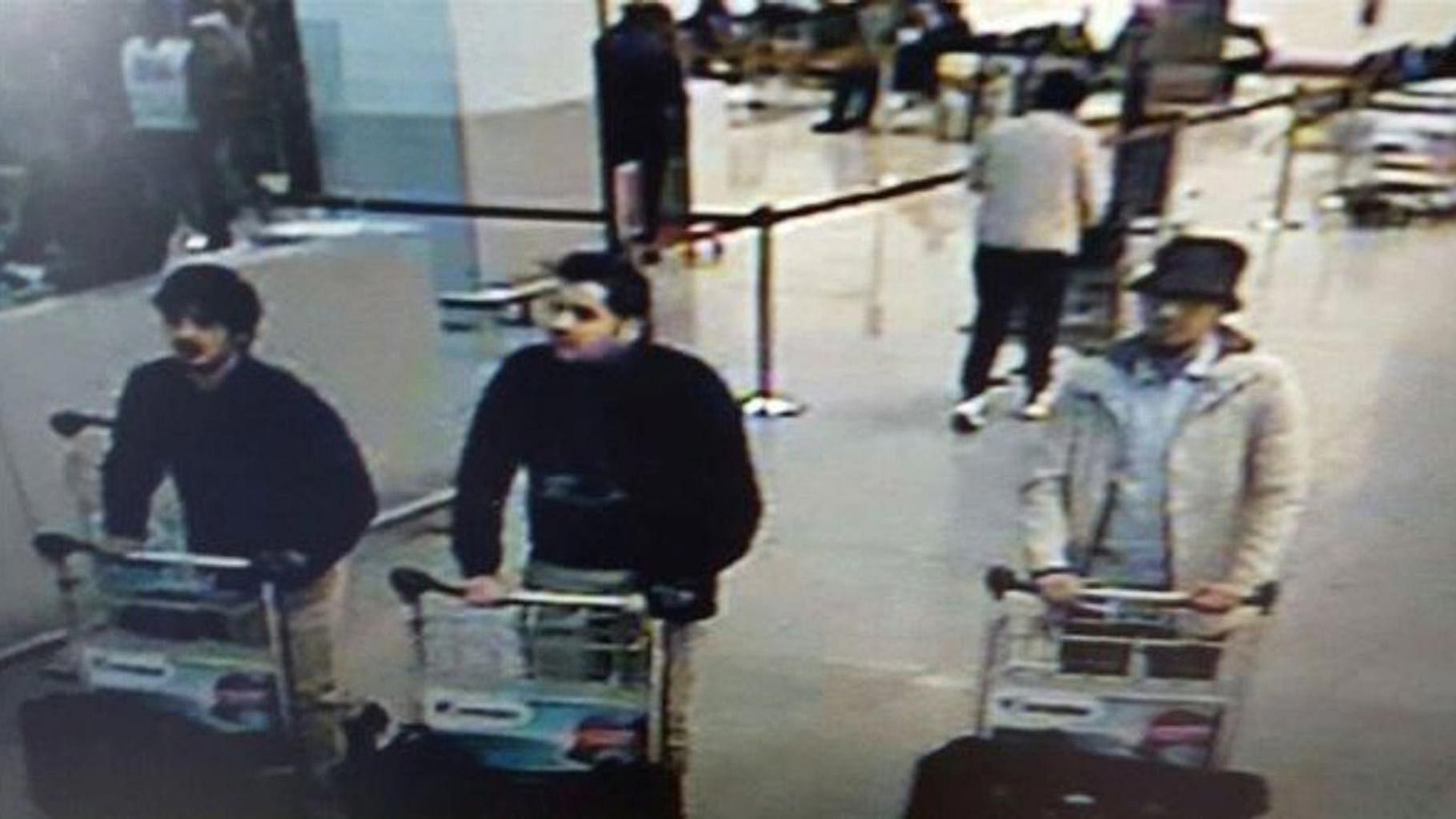 In this image provided by the Belgian Federal Police in Brussels on Tuesday, 22 March, 2016 of three men who are suspected of taking part in the attacks at Belgium’s Zaventem Airport. (Photo: AP)