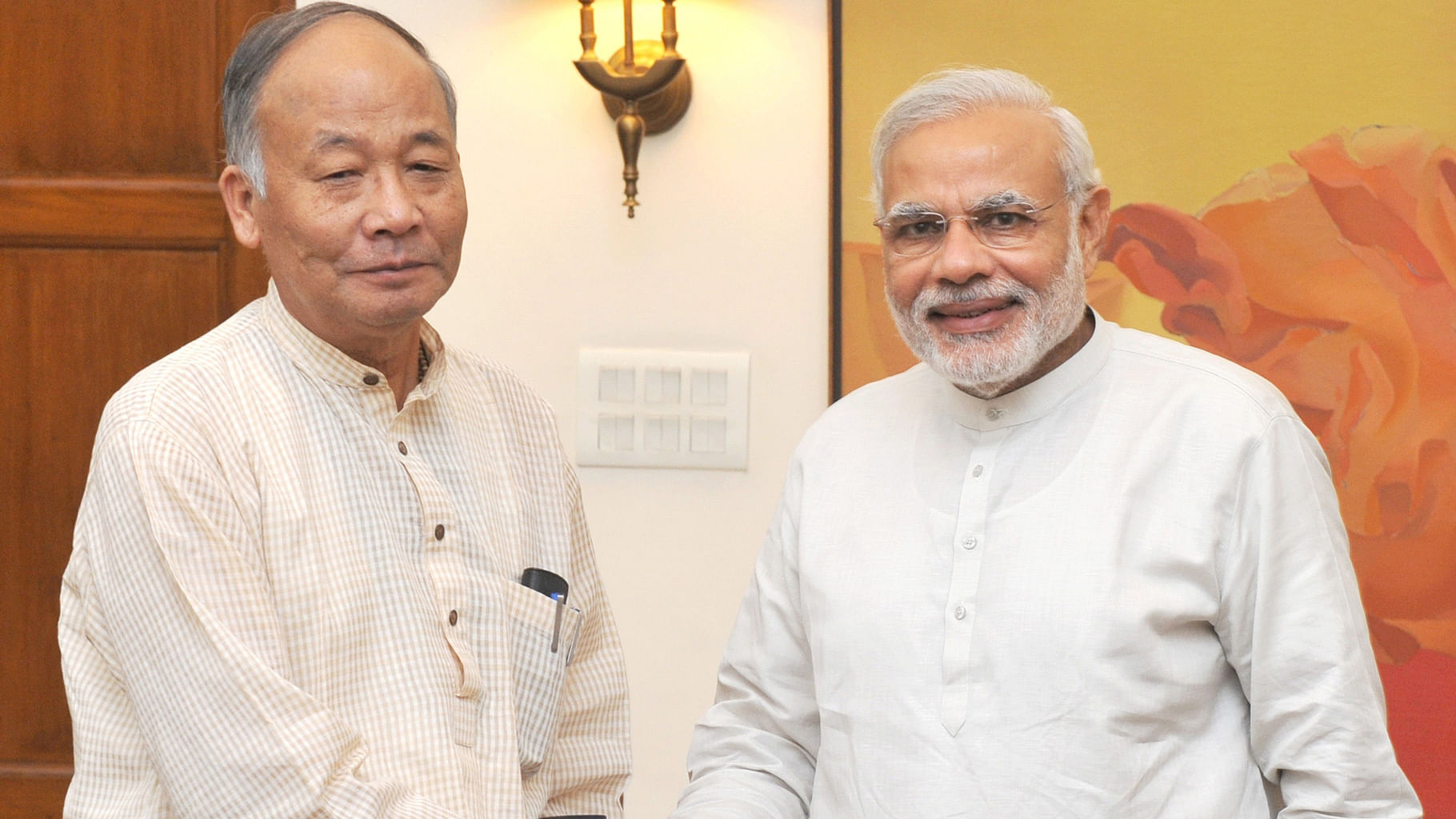 Manipur Chief Minister Okram Ibobi Singh with Prime Minister Narendra Modi, in New Delhi (Photo: IANS) 