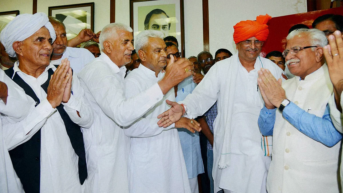 Haryana Chief Minister M L Khattar being greeted by Khap leaders after the Haryana Backward Classes Bill, 2016, was passed in the state assembly in Chandigarh on Tuesday. (Photo: PTI)