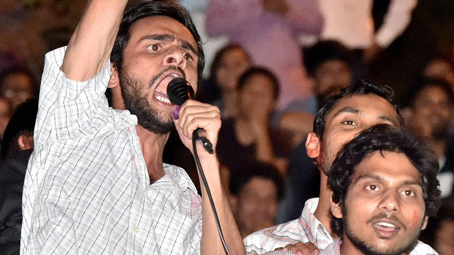 JNU students Umar Khaled addressing fellow students after getting bail on Friday, 18 March 2016. (Photo: PTI)