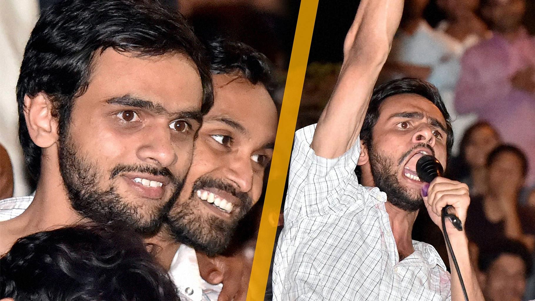 Umar Khaled and Anirban Bhattacharya after their release. (Photo: PTI/altered by<b> The Quint</b>)