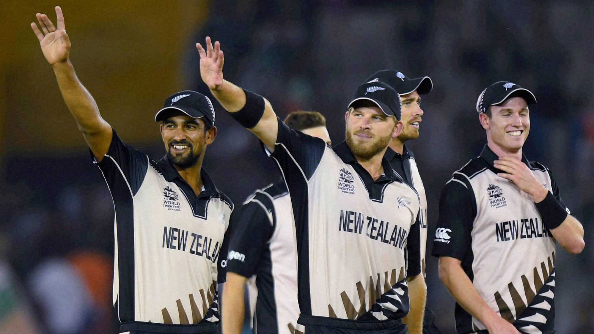 Mohali: New Zealand players celebrate win over Pakistan in the ICC World T20. (Photo: PTI)