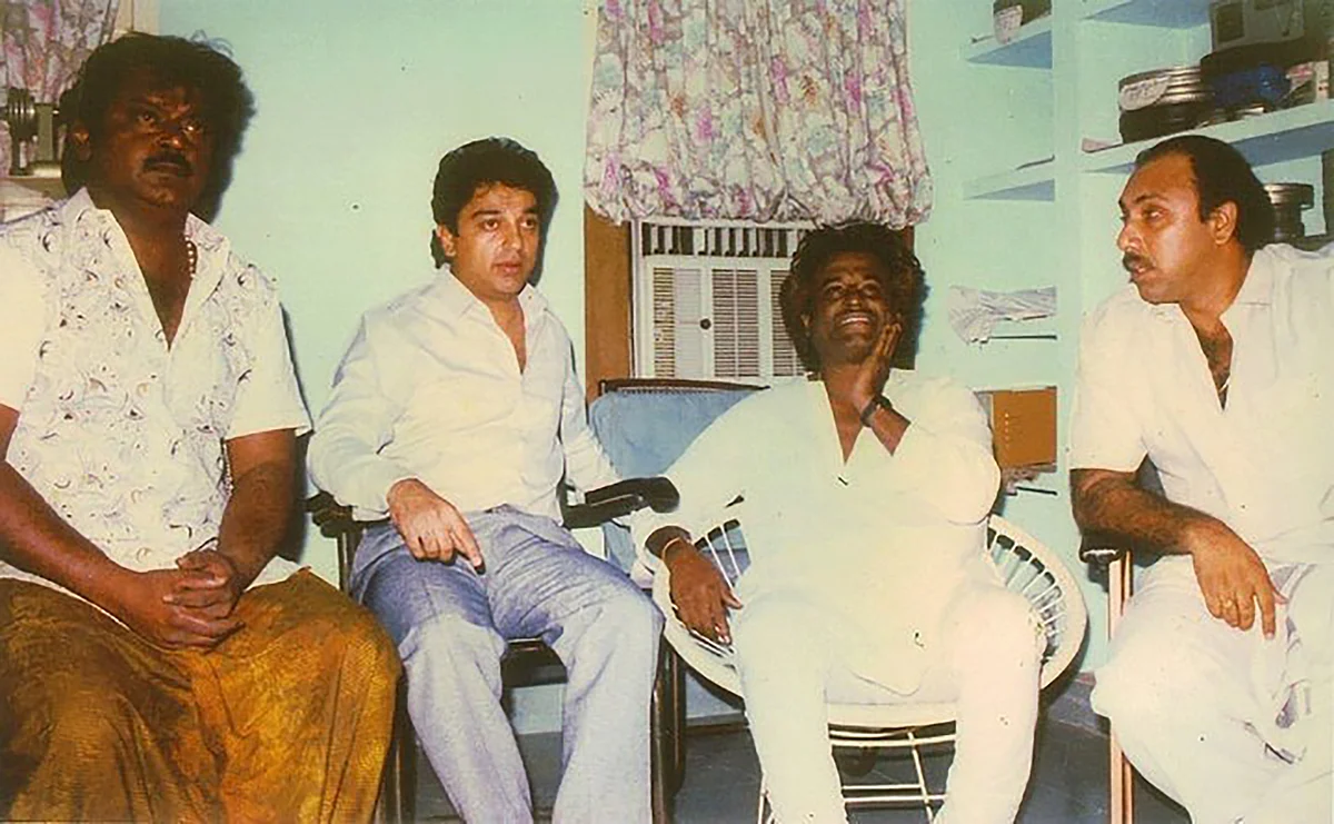 Vijaykanth (extreme left), Kamal Hassan (2nd from left), Rajnikanth (2nd from right) and Sathyaraj. (Photo: <a href="https://www.facebook.com/SuperstarRajni/photos/a.204713520597.142115.41272275597/10150233772690598/?type=3&theater">Facebook</a>)