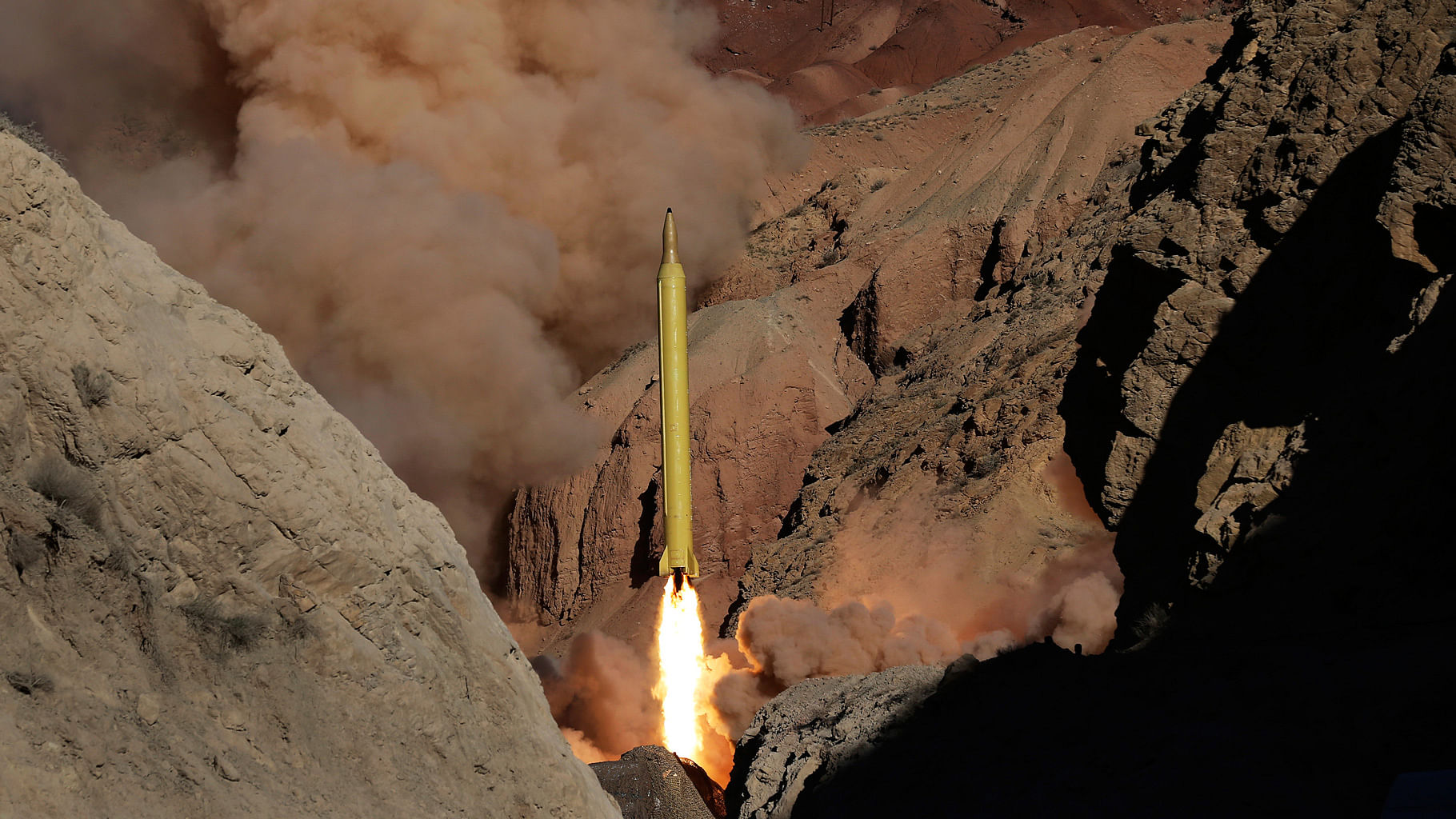 In this photo obtained from the Iranian <i>Fars News Agency</i>, a Qadr H long-range ballistic missile is fired by Iran’s Revolutionary Guard in an undisclosed location in Iran (Photo: AP)