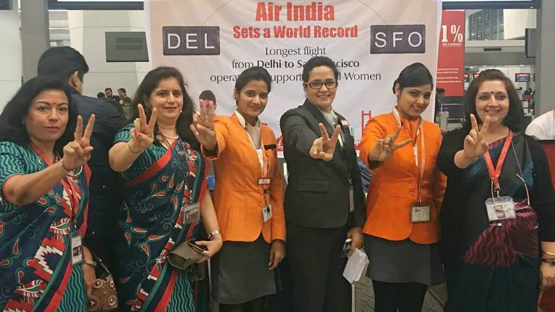 Celebrating the take-off of the longest operated flight with all women crew. (Photo: Facebook/<a href="https://www.facebook.com/AirIndia/photos/a.591175584357647.1073741845.251462618328947/691110974364107/?type=3&amp;theater">Air India</a>)