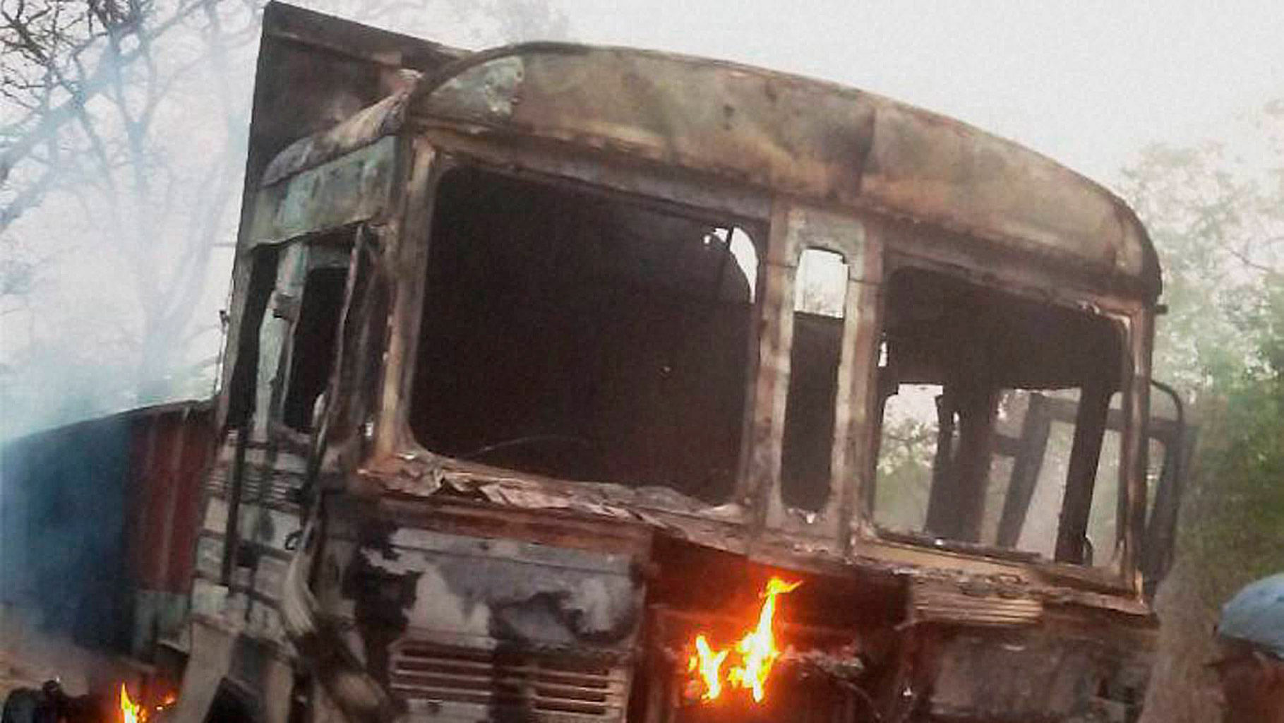 A truck was set on fire by Naxals in Dantewada on 18 April 2016. (Photo Courtesy: PTI)