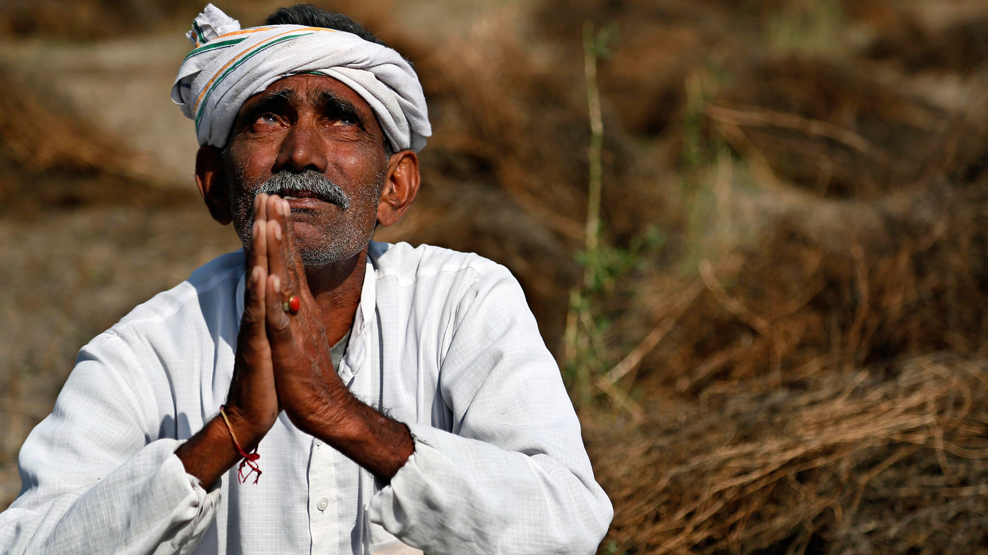 Farmer in a Rajasthan village looks skyward as he sits in his field with wheat crop that was damaged in unseasonal rains and hailstorm. (Photo: AP)