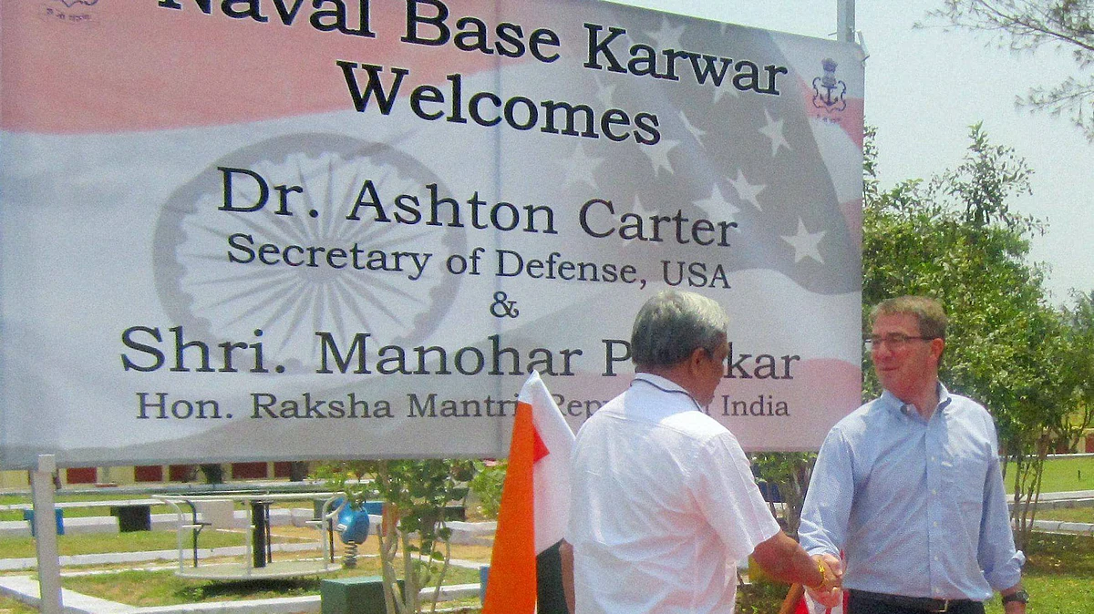 Defence Minister Manohar Parrikar greets US Defense Secretary Ashton Carter during his visit to Naval Base Karwar, Karnataka, April 11, 2016. (Photo: PTI)