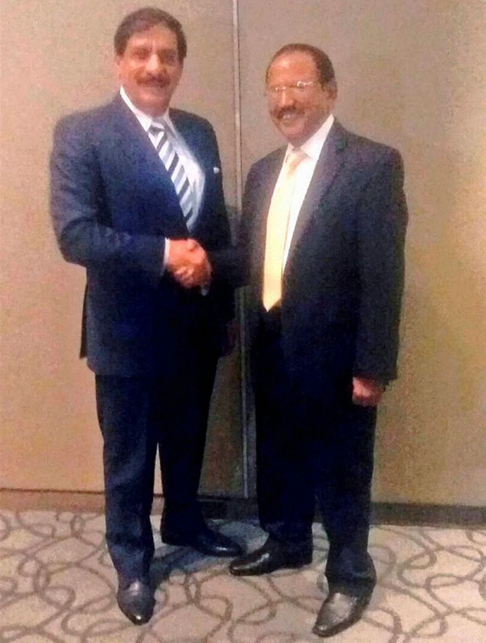 National Security Adviser Ajit Doval (right) with his
Pakistani counterpart Nasser Khan Janjua at their secret meeting in Bangkok,
Thailand, on Sunday. (Photo: PTI)