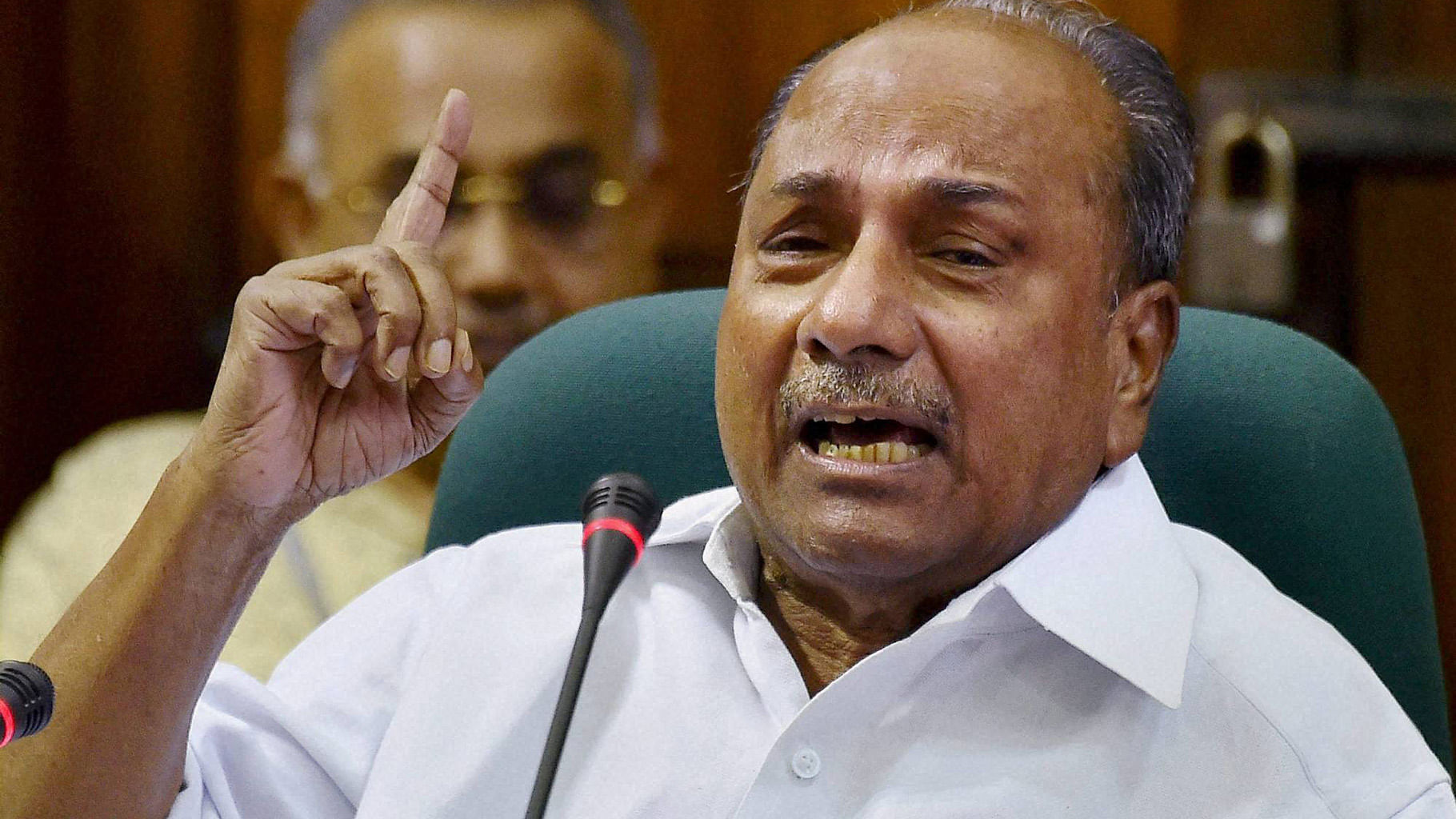  Former Defence Minister AK Antony addresses a press conference at Parliament House in New Delhi on Wednesday regarding the VVIP chopper scam. (Photo: PTI)