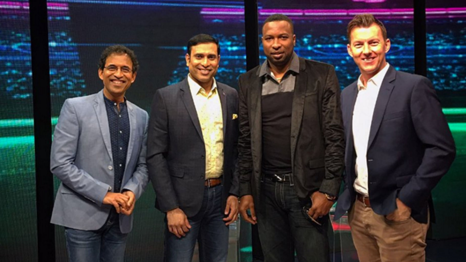 Harsha Bhogle with the World T20 final panelists. (Photo Courtesy: <a href="https://twitter.com/bhogleharsha/media">Twitter/@bhogleharsha</a>)