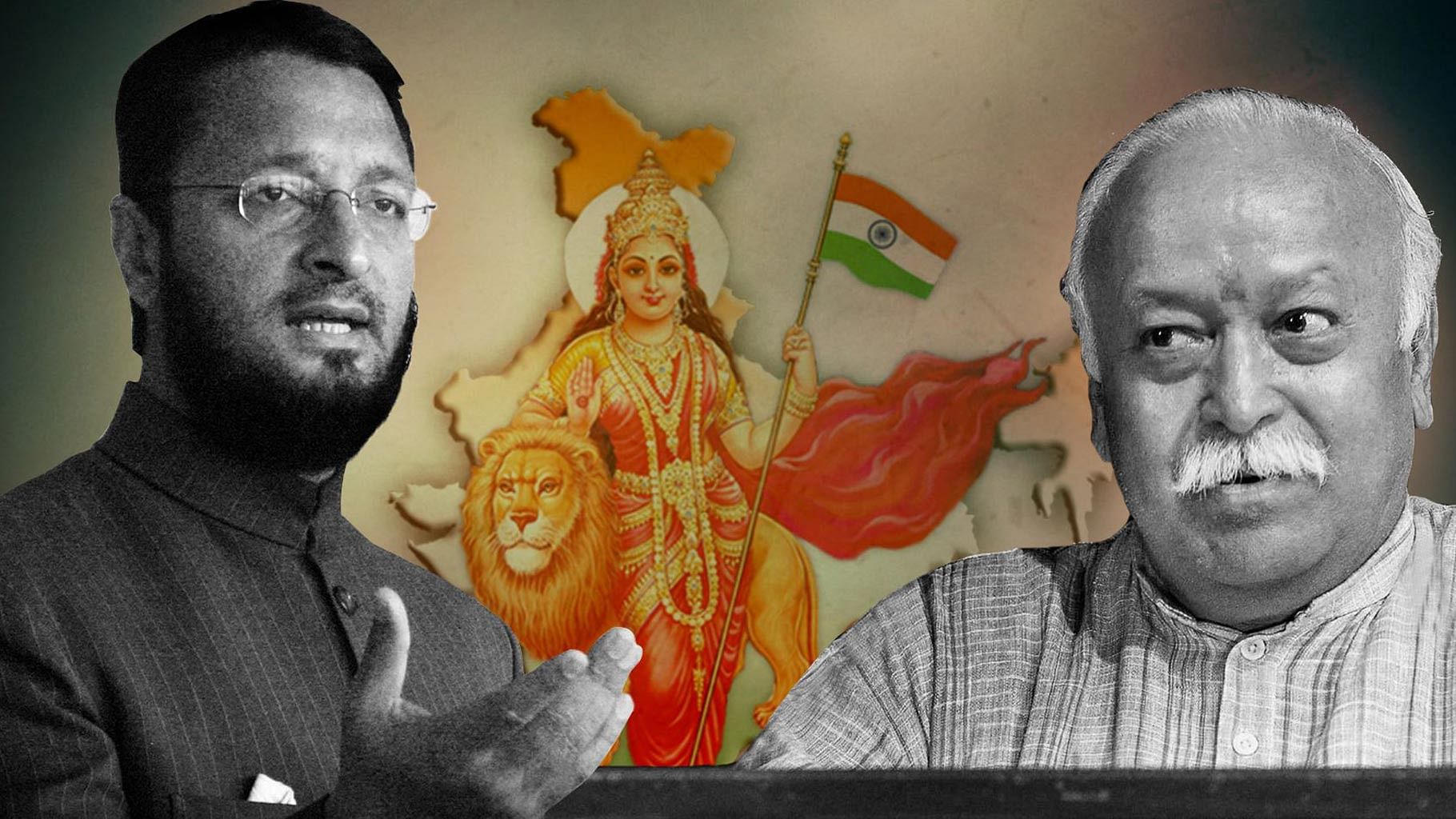 The fight over Bharat Mata Ki Jai between Asaduddin Owaisi and Mohan Bhagwat has attracted fatwas against the chant. (Photo: <b>The Quint</b>)