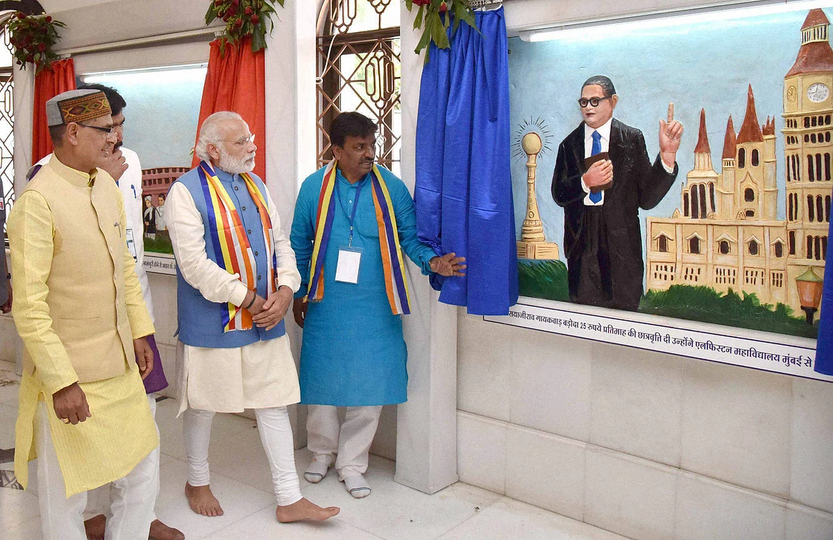 Prime Minister Narendra Modi during a visit to the Bhim Birthplace (Bhim Janma Bhoomi) Memorial on BR Ambedkars 125th birth anniversary in Mhow, Madhya Pradesh. (Photo: PTI)
