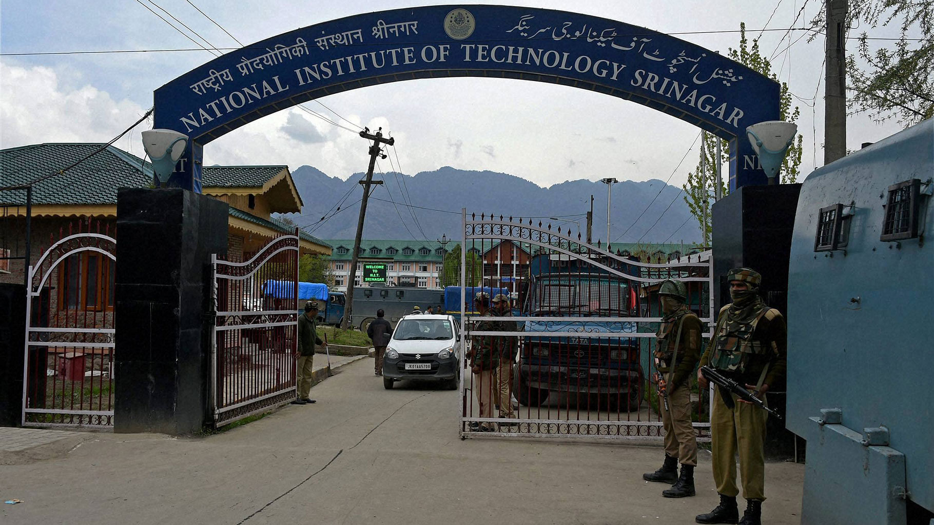 Police and CRPF deployed at National Institute of Technology (NIT) following tension between local and non-local students in Srinagar on Friday. (Photo: PTI)