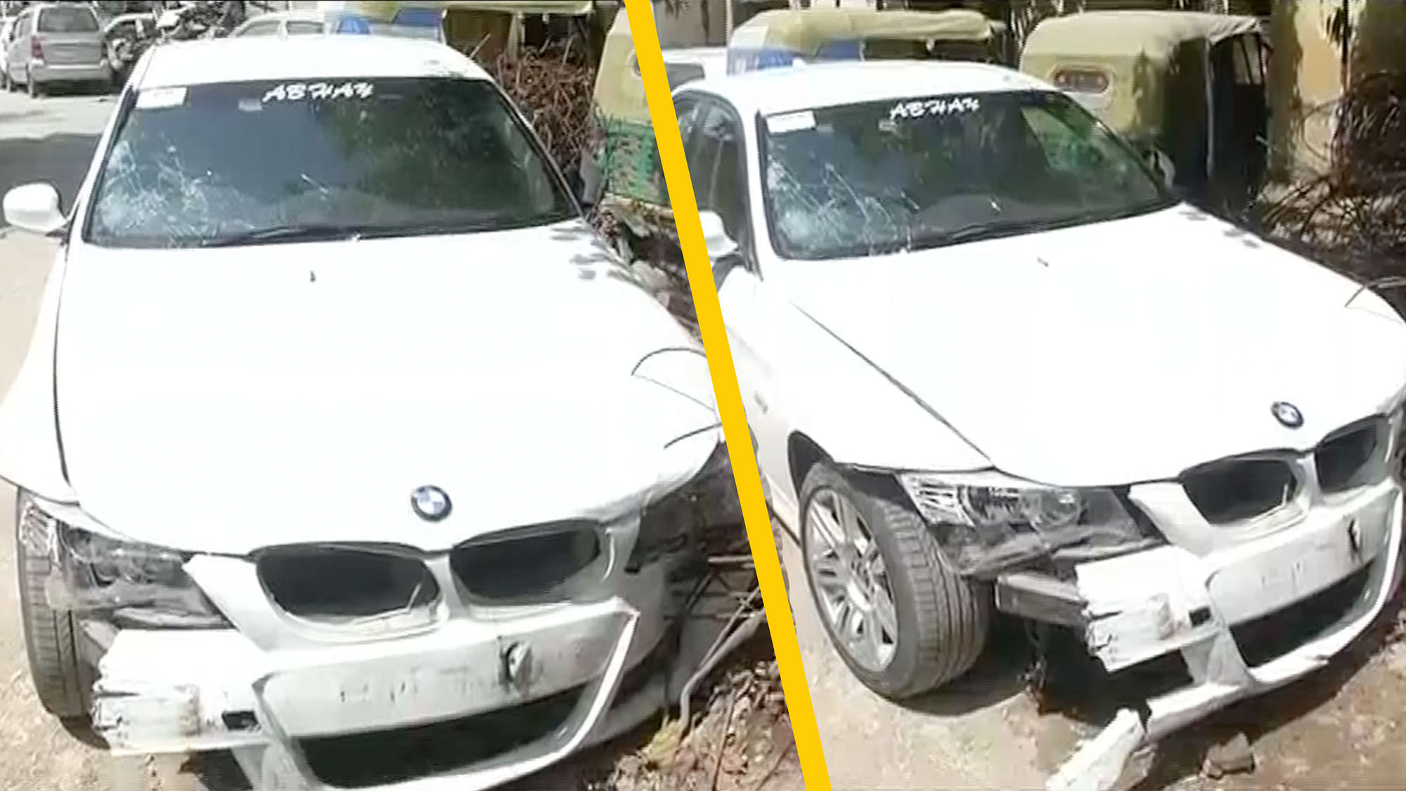 The badly damaged BMW, which rammed into three bikes in Noida. (Photo: ANI Screengrab) 