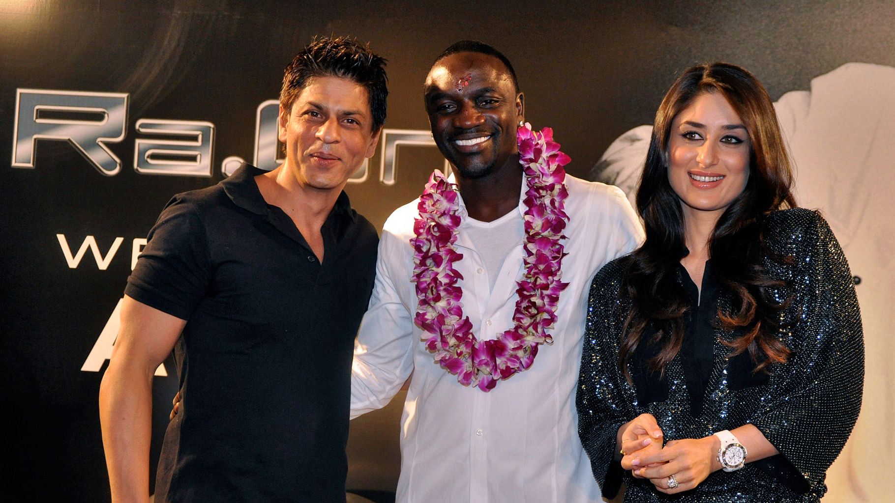 Rapper Akon with Shah Rukh Khan and Kareena Kapoor Khan.