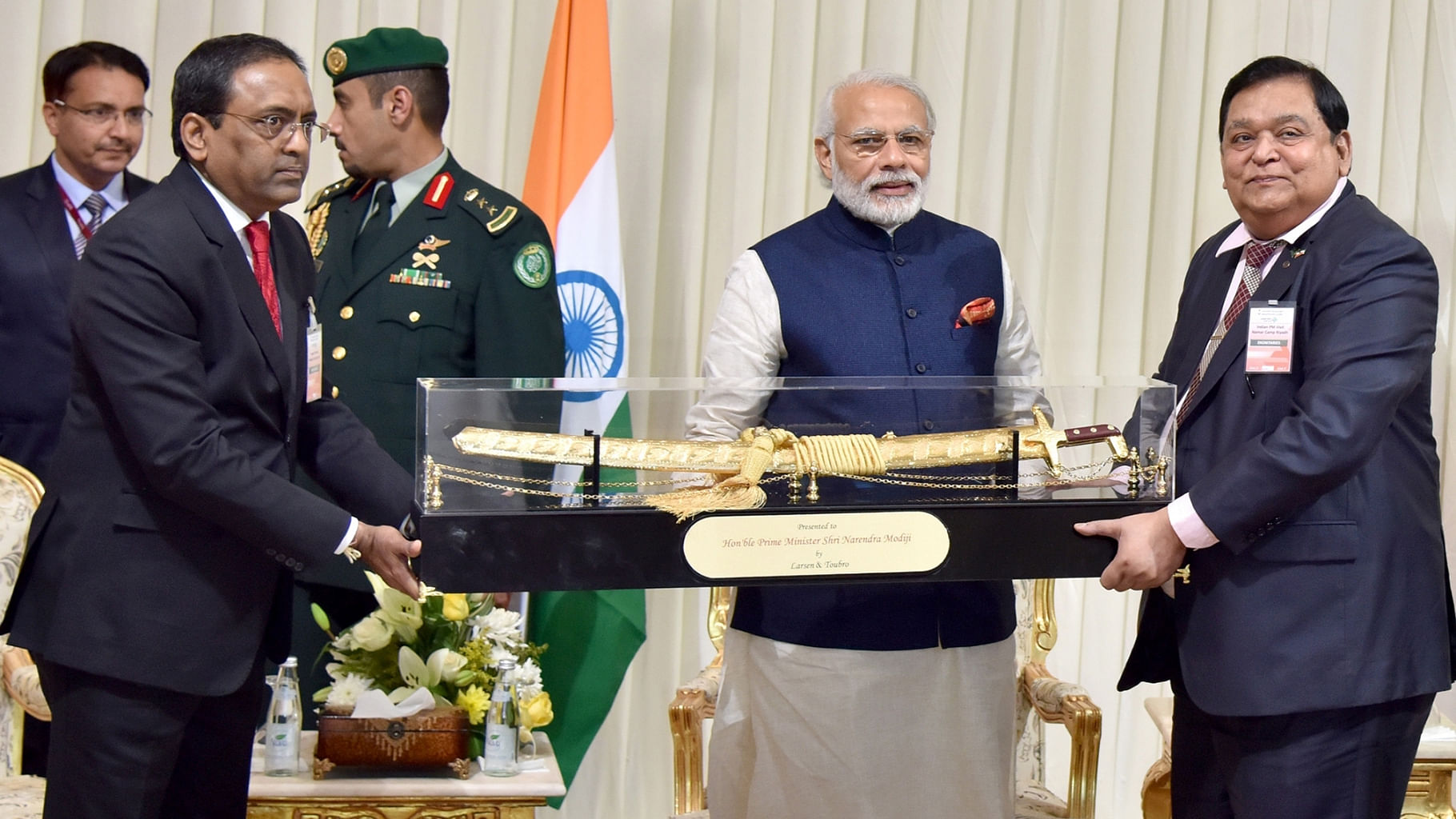 Prime Minister Narendra Modi being presented a memento,
during his visit to the L&amp;T residential complex, in Riyadh, Saudi Arabia on 2 April  2016. (Photo: IANS/PIB)