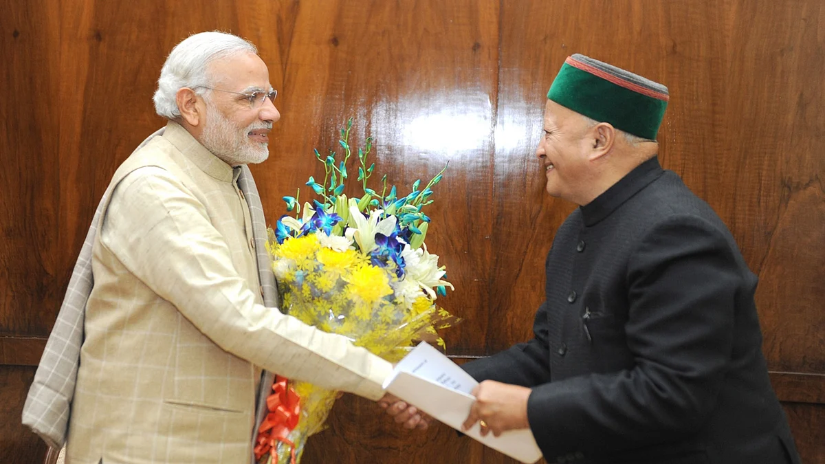 Himachal Chief Minister Virbhadra Singh calls on the Prime Minister Narendra Modi, in New Delhi on December 10, 2015. (Photo: IANS/PIB)