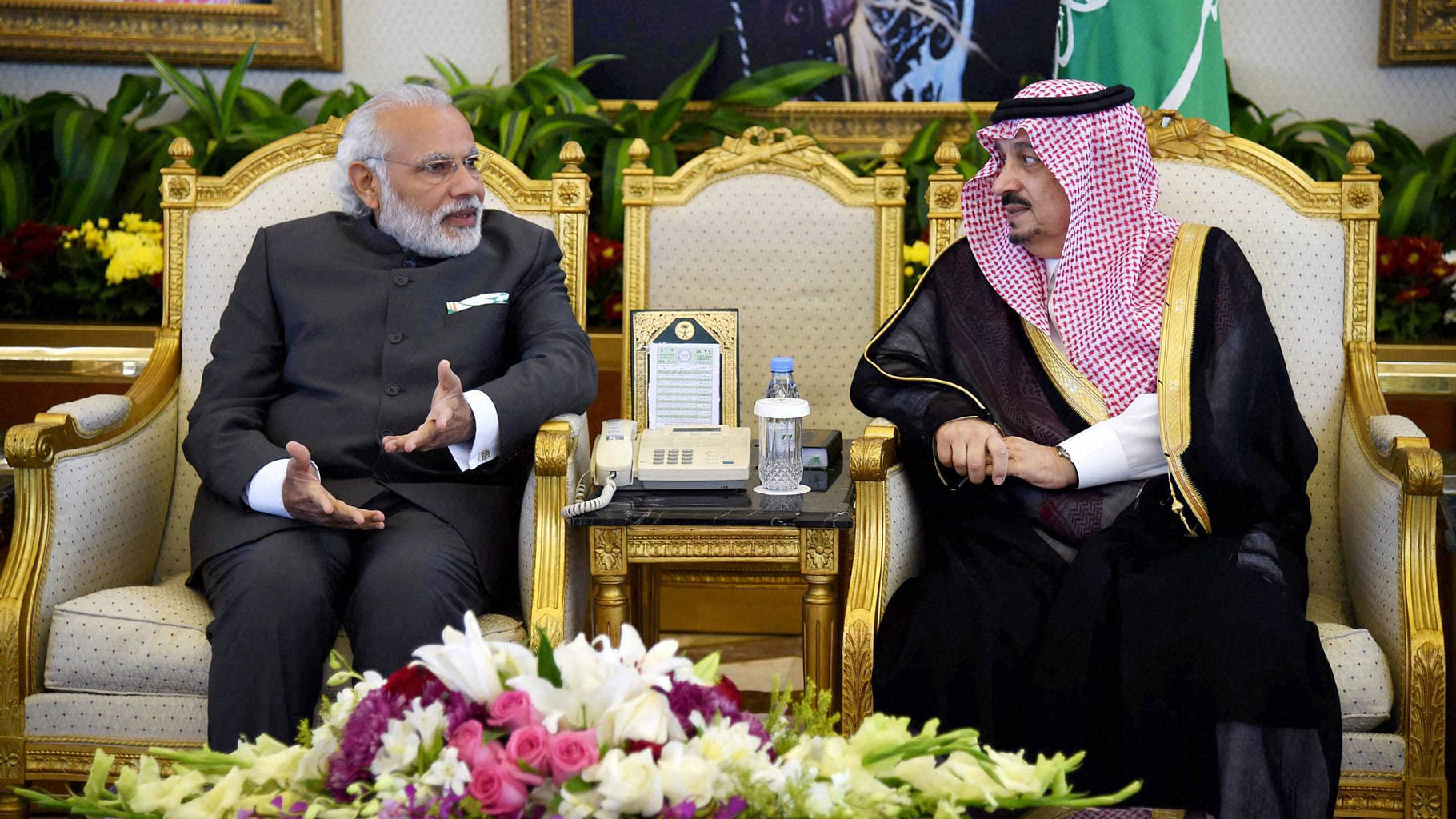 Prime Minister Narendra Modi with Governor of Riyadh Faisal Bin Bandar al Saud at the Riyadh airport.&nbsp;