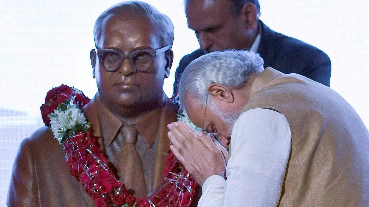 Prime Minister Narendra Modi pays tribute to bust of Babasaheb Ambedkar on the occasion of his 125th birth anniversary during the inaugural ceremony of Maritime India Summit 2016 in Mumbai on Thursday.(Photo: PTI)