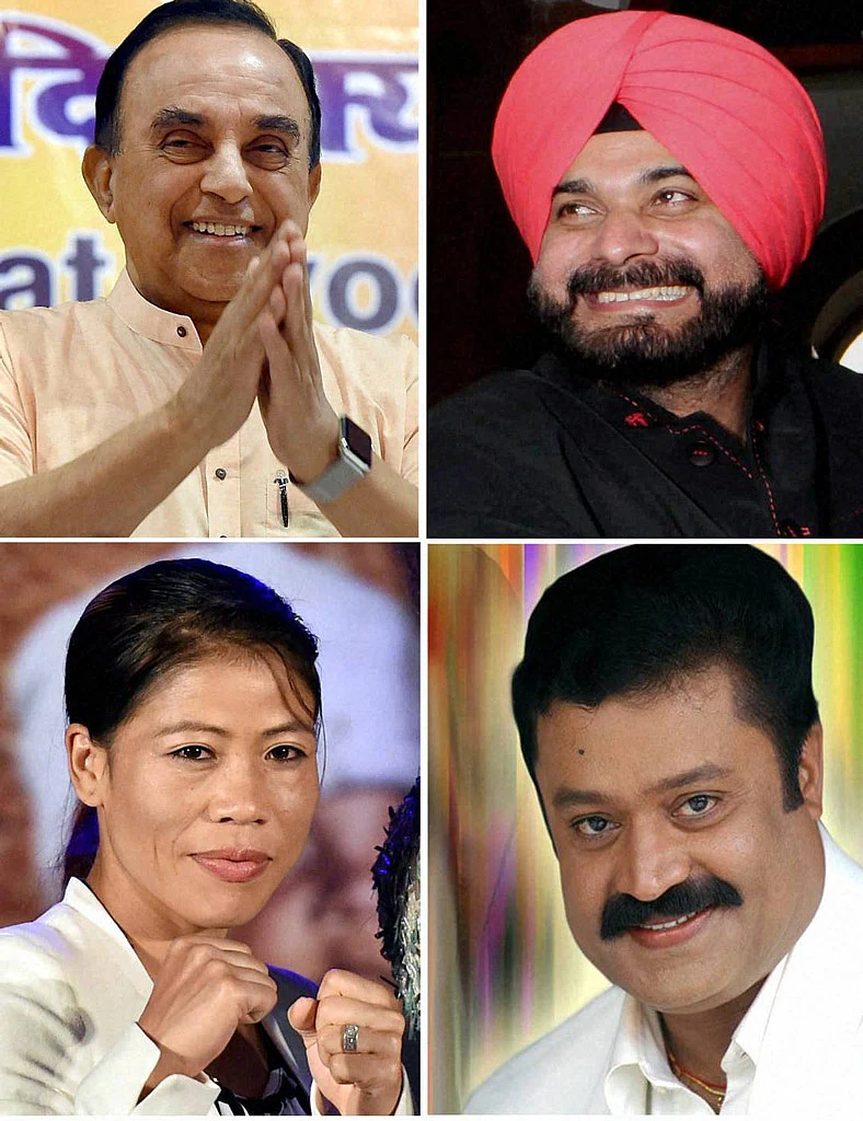 BJP leader Subramanian Swamy, Former BJP MP & cricketer Navjot Singh Sidhu, Olympic medallist Mary Kom, Former Malayalam actor Suresh Gopi who have been nominated by President Pranab Mukherjee for Rajya Sabha on Friday. (Photo: PTI)