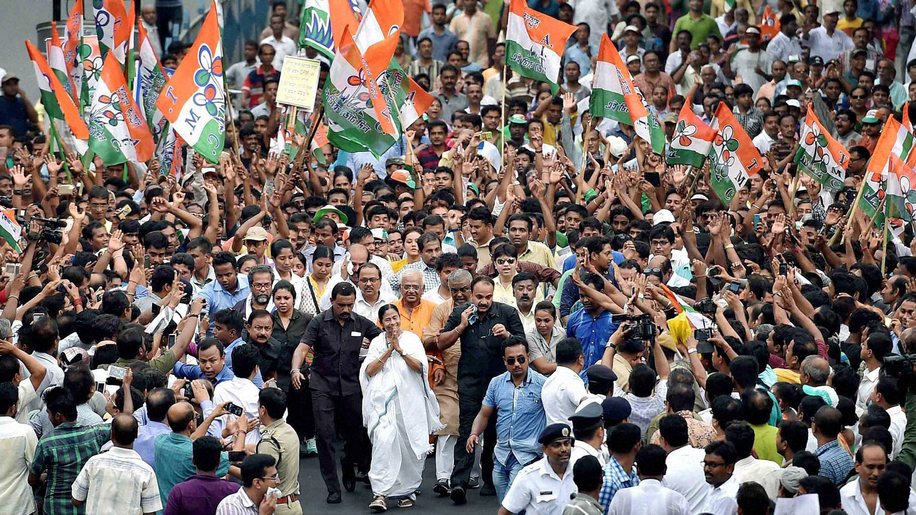 W. Bengal Chief Minister and TMC Supremo Mamata Banerjee at an election campaign rally in support of party candidates in Kolkata on Thursday. (Photo Courtesy: PTI) 
