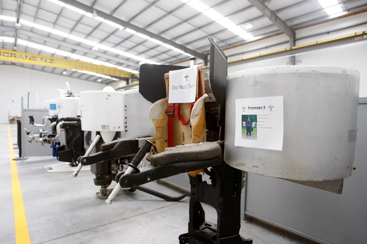 A number of early jetpack prototypes sit on display at Martin Aircraft. (Photo: AP)