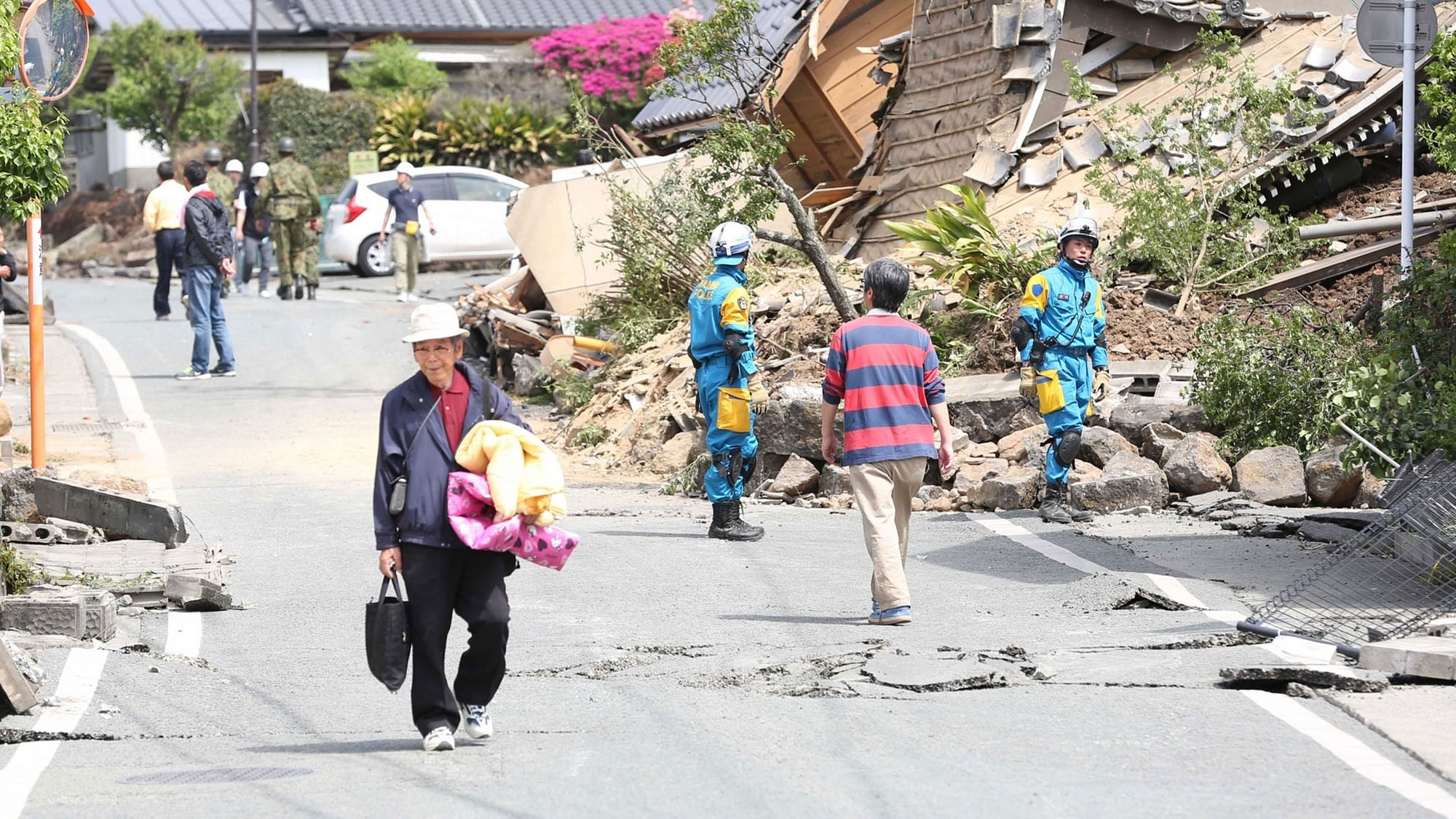 According to Japanese media reports, at least 15 people were killed and 760 injured as a powerful earthquake measuring 7.3 on the Richter Scale hit Japan`s Kumamoto prefecture, April 16, 2016. (PhotoL: Xinhua/IANS)