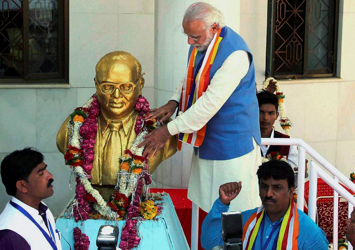 Prime Minister Narendra Modi paying tribute to BR Ambedkar on his 125th Birth Anniversary at his birth place in Mhow, Madhya Pradesh. (Photo: PTI)