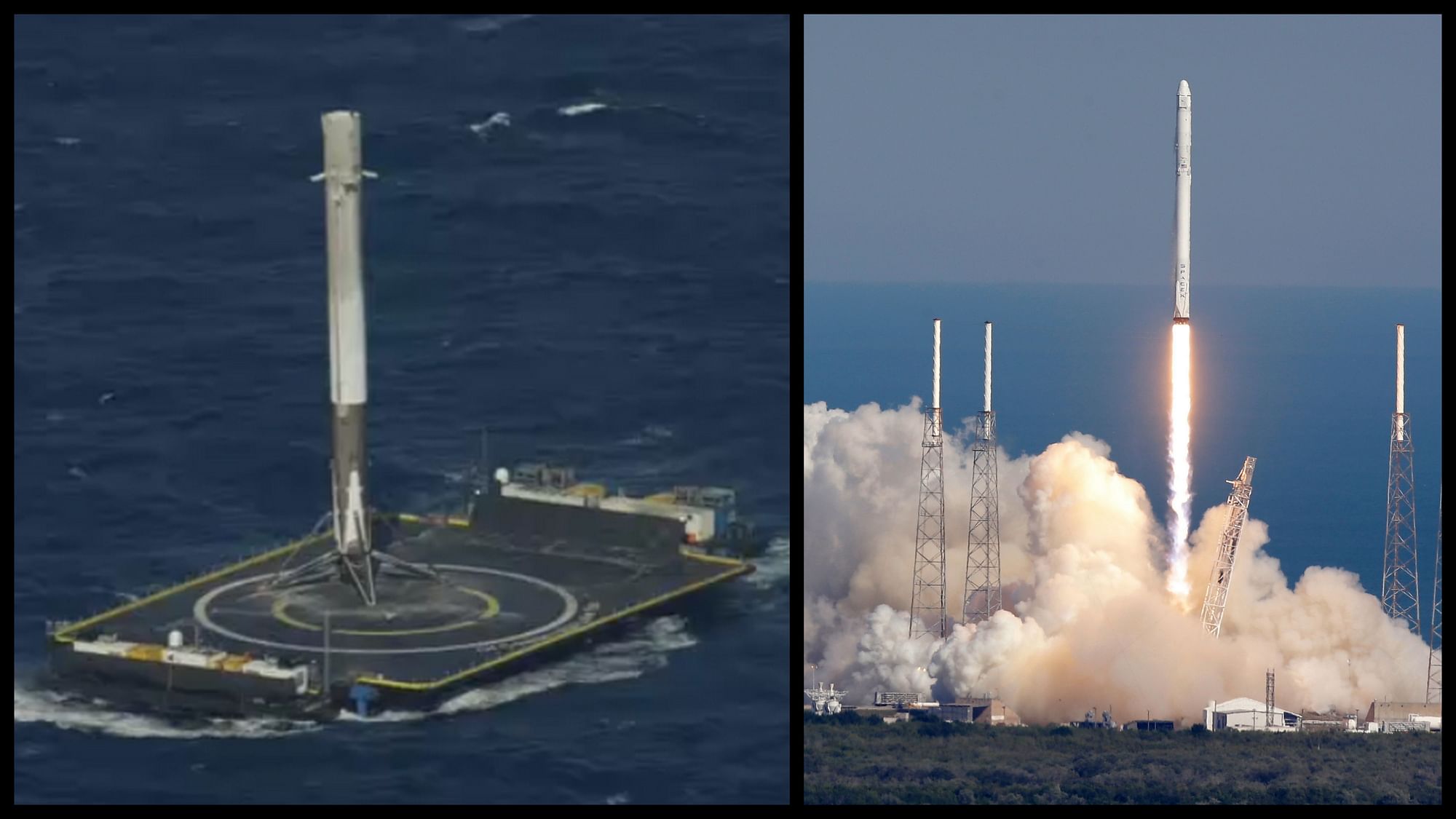 1st stage of SpaceX’s Falcon 9 rocket after landing on a floating barrage in the ocean (L). The rocket’s earlier lift off with an important payload for the International Space Station. (Photo: SpaceX/AP)