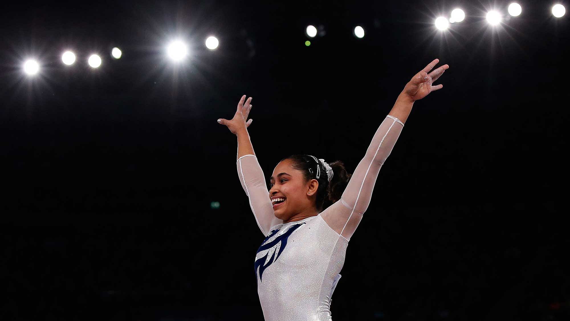 Dipa Karmakar reacts after a successful vault during the women’s gymnastics vault apparatus final at the 2014 Commonwealth Games in Glasgow .