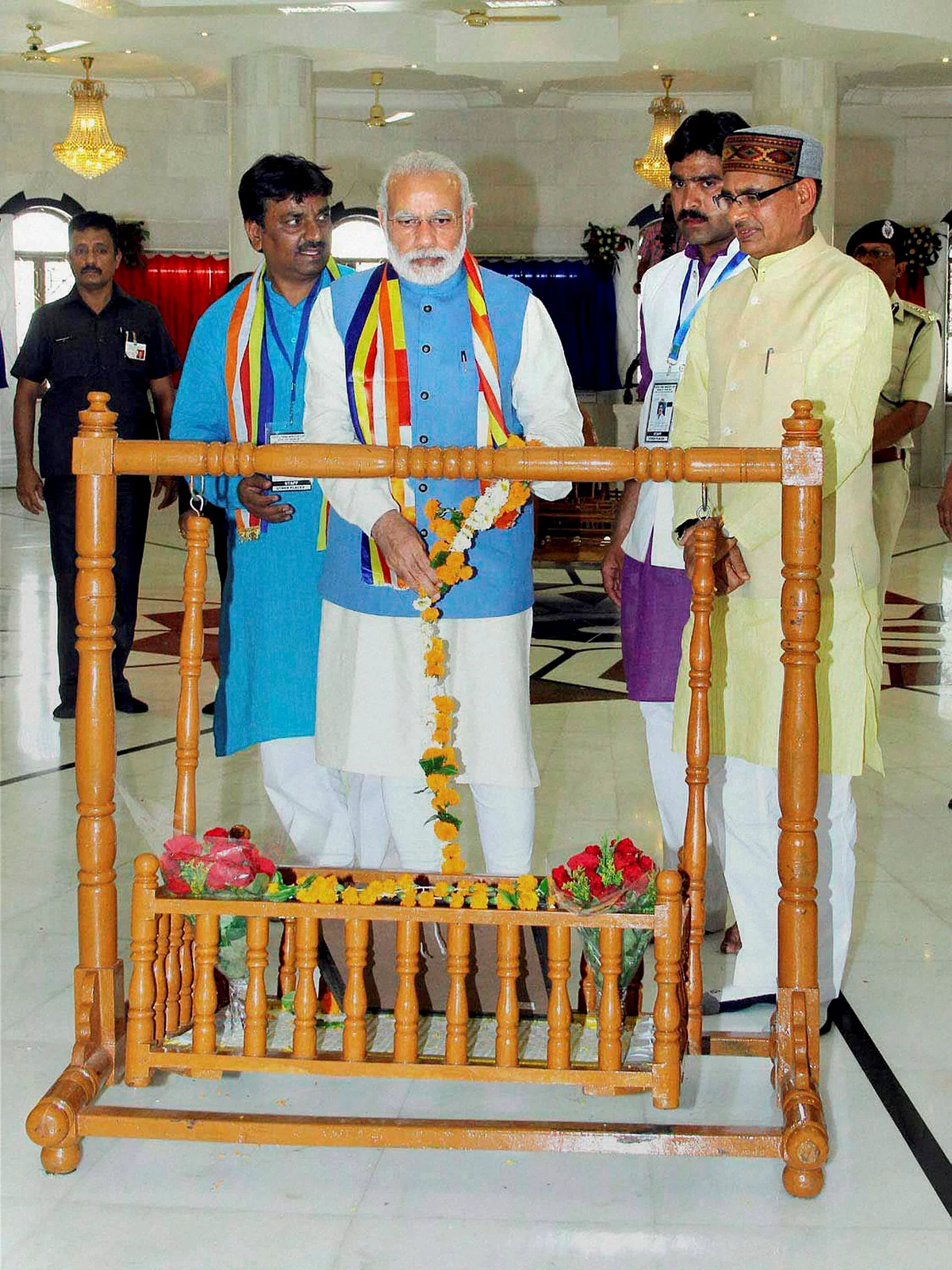 Prime Minister Narendra Modi with MP CM Shivraj Chauhan visits BR Ambedkar memorial on his 125th Birth Anniversary at his birth place in Mhow, Madhya Pradesh. (Photo: PTI) 