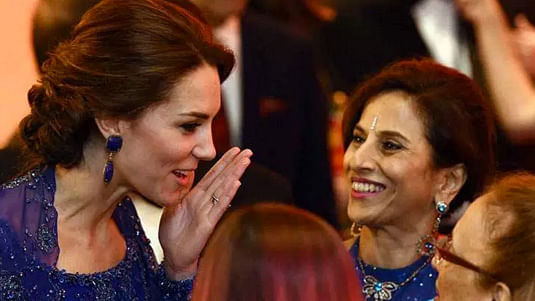 Shobhaa De (Right) with Kate Middleton at a charity event attended by several Bollywood celebrities and socialites. (Photo: AP)