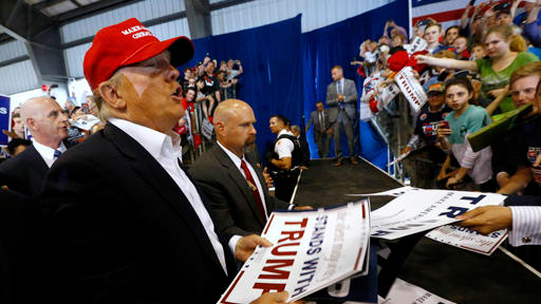 Donald Trump addresses concerns about outsourcing of jobs at a campaign rally in Delaware, US. (Photo: AP)