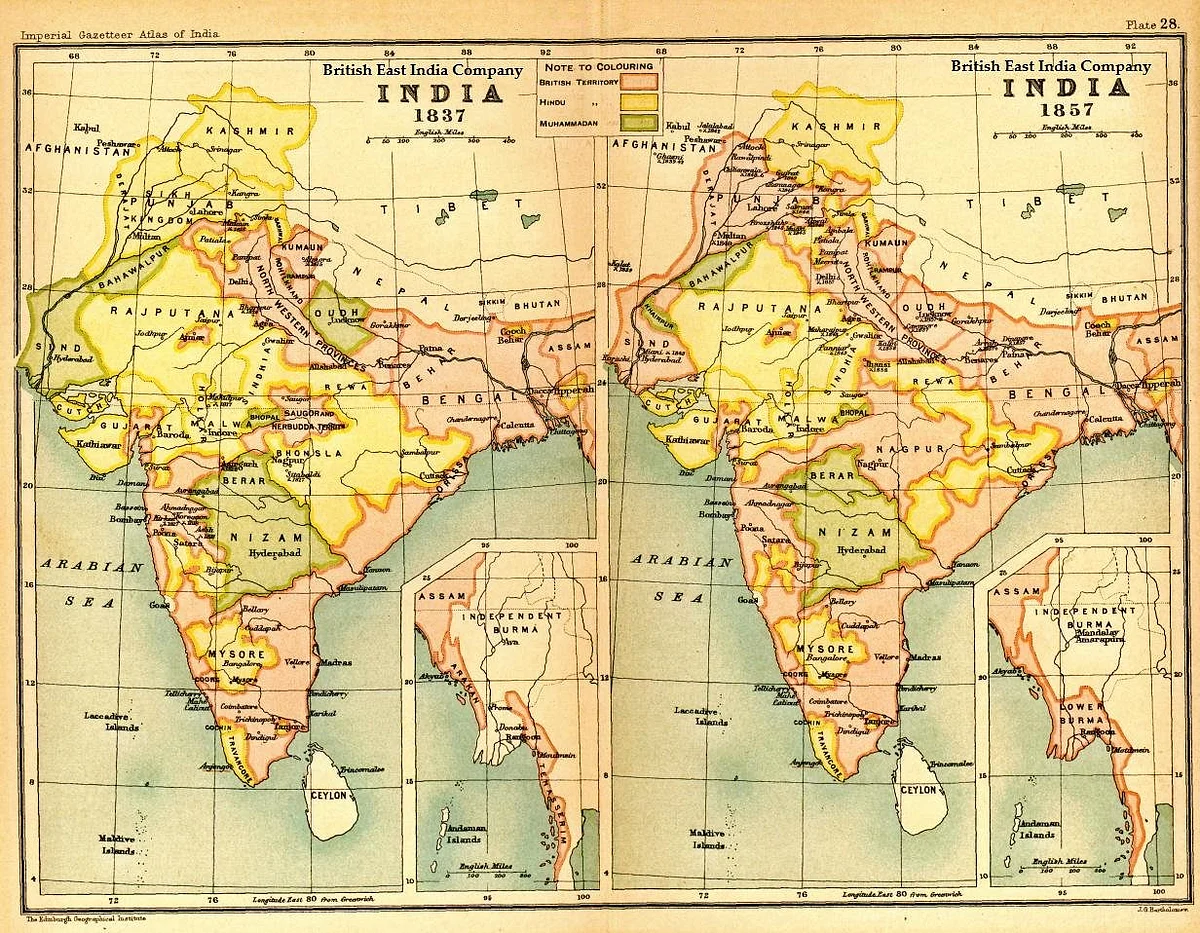 Image of map of India under the British East India Company, comparing 1837 with 1857. (Photo Courtesy: Imperial Gazetteer of India, Oxford University Press, 1907)
