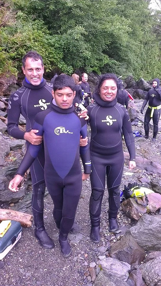July 2013 – The family that sticks together wears the frog suits together! Headed for snorkelling in Alaska, while the bald eagles watched and the fishermen fished, we dived right into the cold waters of Ketchikan! (Photo Courtesy: Chitra Iyer)