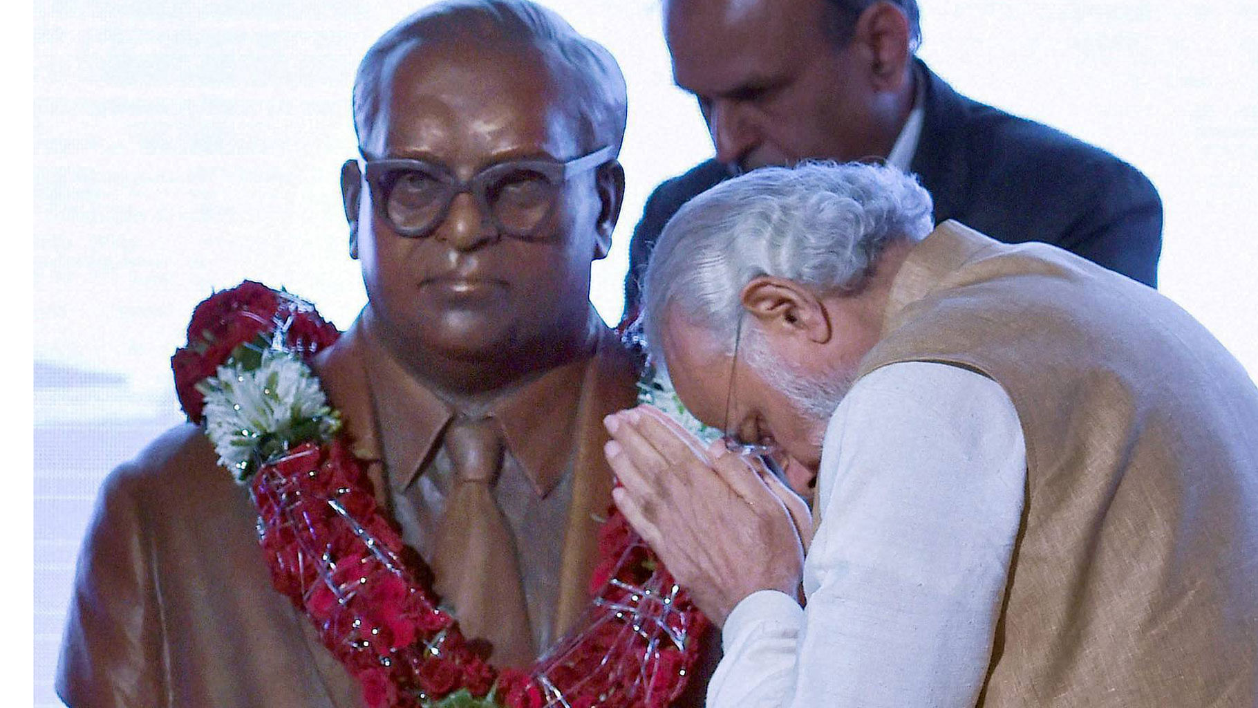 Prime Minister Narendra Modi pays tribute to the bust of Babasaheb Ambedkar on the occasion of his 125th birth anniversary during the inaugural ceremony of Maritime India Summit 2016 in Mumbai. (Photo: PTI)