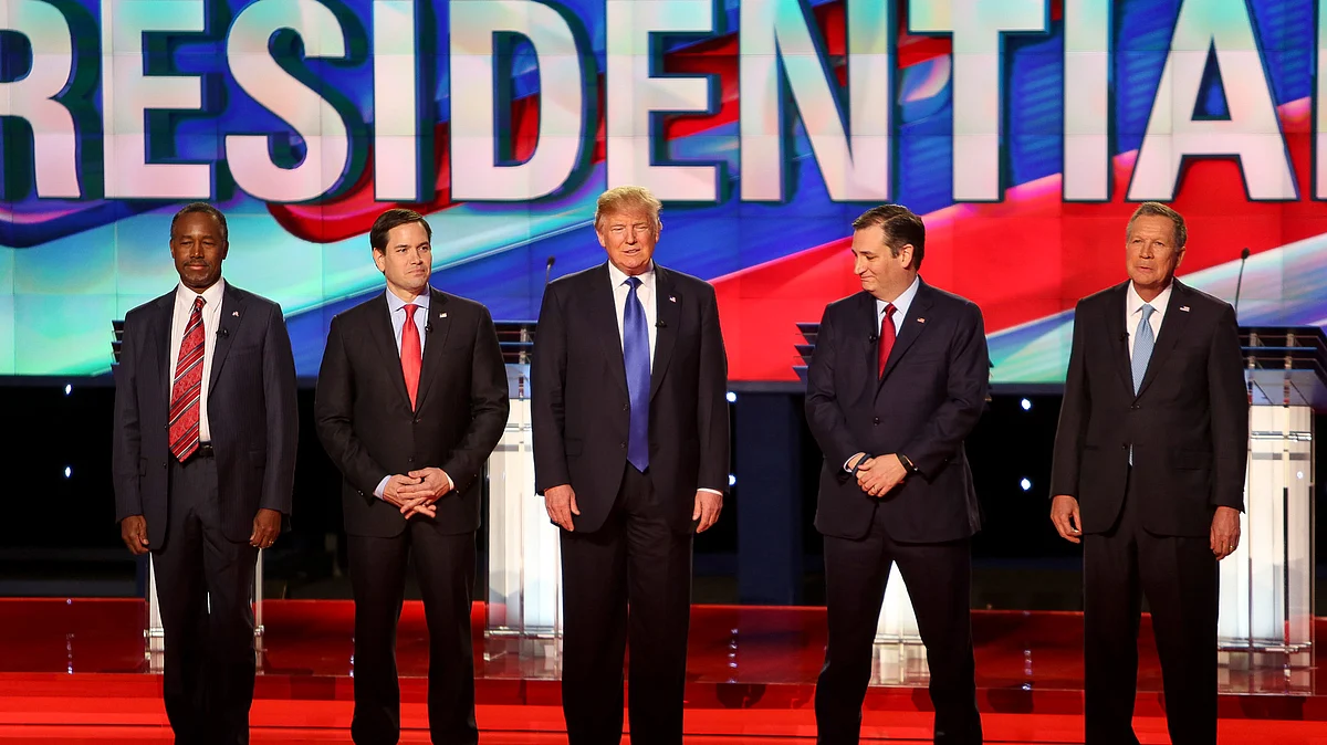 Republican presidential candidates, Ben Carson, from left, Sen. Marco Rubio, businessman Donald Trump, Sen. Ted Cruz, and Ohio Gov. John Kasich during the Republican Presidential Primary Debate, 25 February 2016. (Photo: AP)