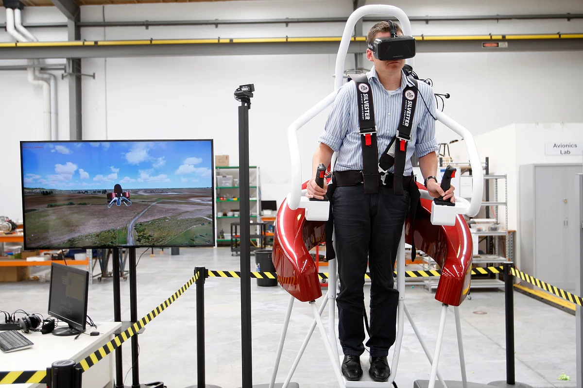 Test pilot Michael van der Vliet operates a flight simulator at the Martin Aircraft Co. headquarters. (Photo: AP)