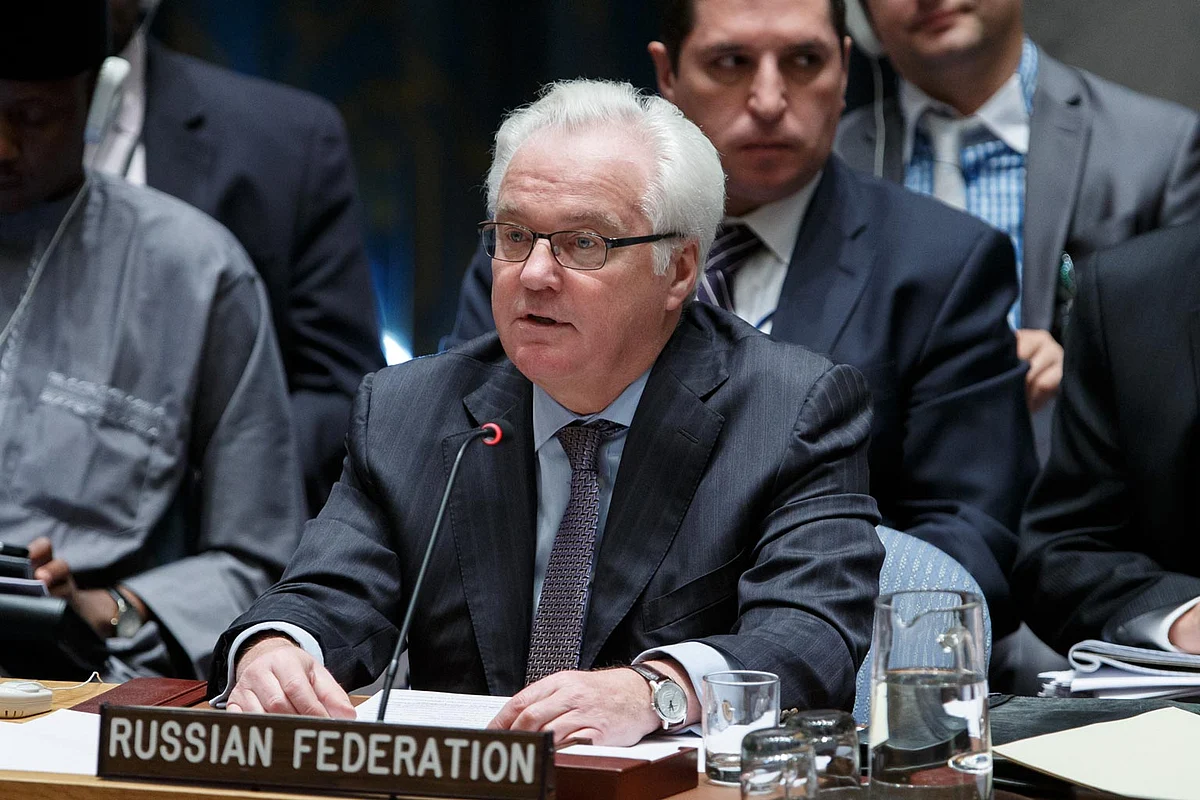 Vitaly Churkin, Russian permanent representative to the UN, during a Security Council emergency meeting at UN headquarters in New York, 16 October 2015. (Photo: Xinhua/IANS)