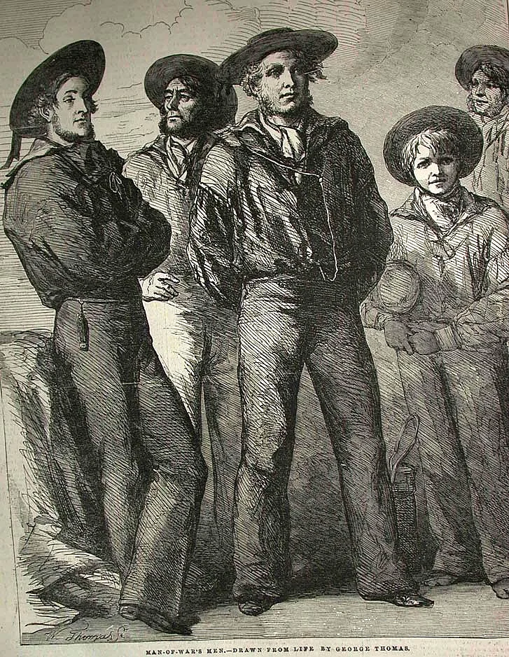 Man of War’s Men. Drawn from life by George Thomas. Illustration showing mid-1800s sailors in uniform, published in the Illustrated London News in early 1854. (Photo: Wikimedia Commons)