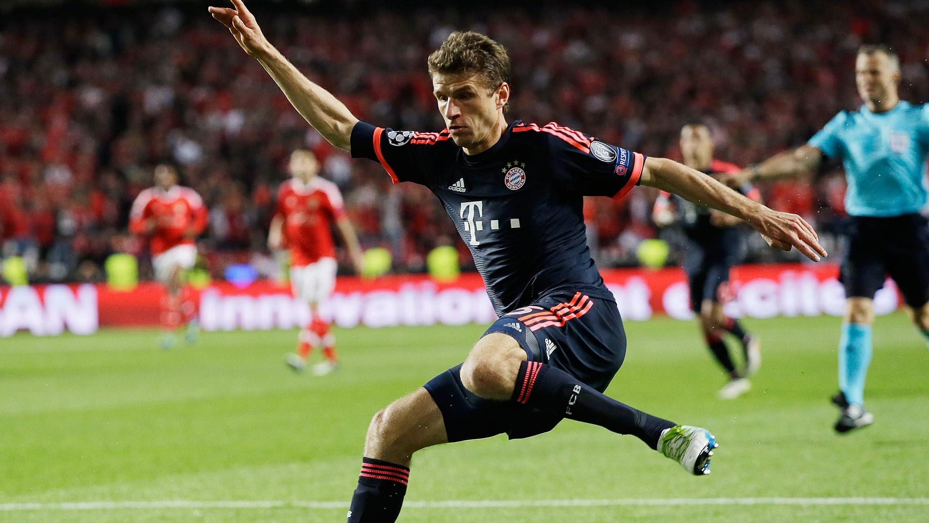 Bayern’s Thomas Mueller in action during the Champions League quarter-final second leg match between Bayern Munich and Benfica. (Photo: AP)