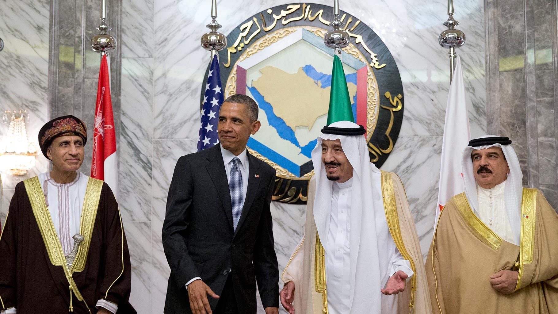 From left, Oman’s Deputy Prime Minister Fahd bin Mahmoud al-Said, President Barack Obama, Saudi Arabia’s King Salman, and Bahrain’s King Hamad bin Isa al Khalifa  at the Diriyah Palace, Riyadh, Saudi Arabia, 21 April 2016. (Photo: AP)