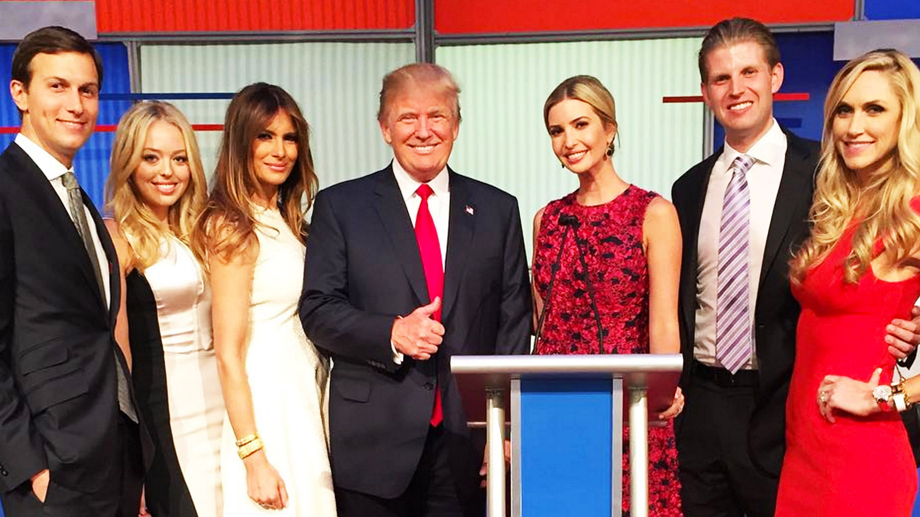From left to right: Jared Kushner, Tiffany Trump, Melania Trump, Donald Trump, Ivanka Trump, Eric Trump and Lara Trump. 