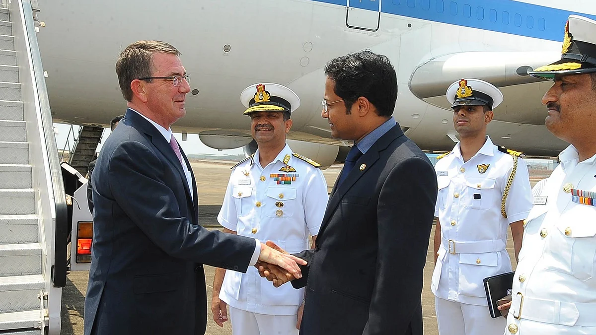 US Defence Secretary Ashton Carter being welcomed at Dabolim airport in Goa on 10 April 2016. (Photo: IANS)
