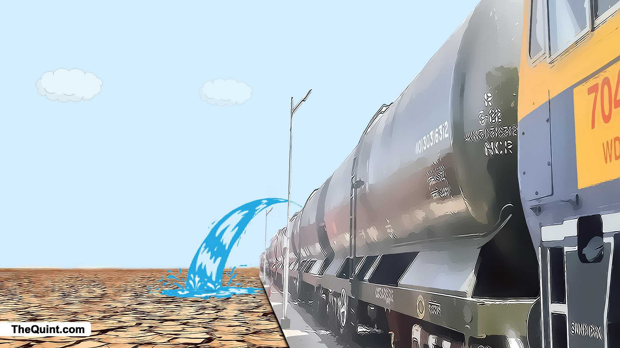 A train delivered water to relieve Latur from the drought. (Image altered by <b>The Quint</b>)