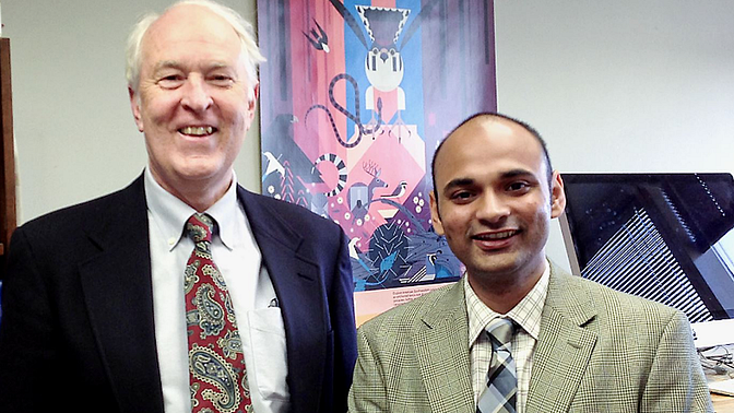 (Left to right) Professor Funderburgh, from the University of Pittsburgh poses with reputed Indian ophthalmological surgeon, Dr Sayan Basu, whose study on using stem cells to repair scarred corneas is now being tried on 10 blind patients in India (Photo: Pittsburgh School of Medicine)