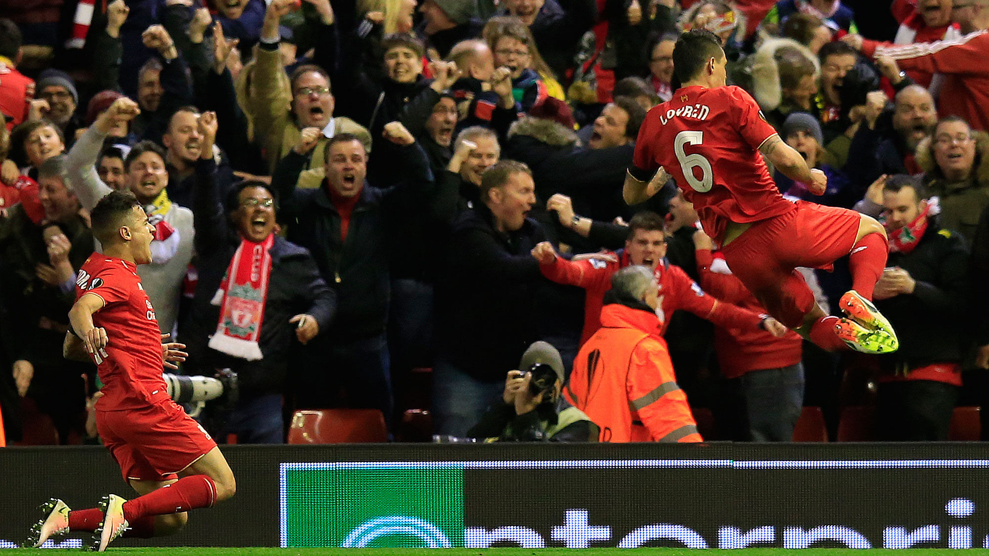 Liverpool’s Philippe Coutinho, left, and Liverpool’s Dejan Lovren celebrate after scoring the winning goal during the Europa League Quarter Final (Photo: AP)&nbsp;