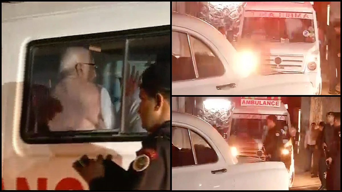 BJP veteran LK Advani leaving AIIMS hospital in the ambulance carrying the remains of his wife Kamla Advani on Wednesday, 6 April 2016. (Photo: ANI/<b>The Quint</b>)